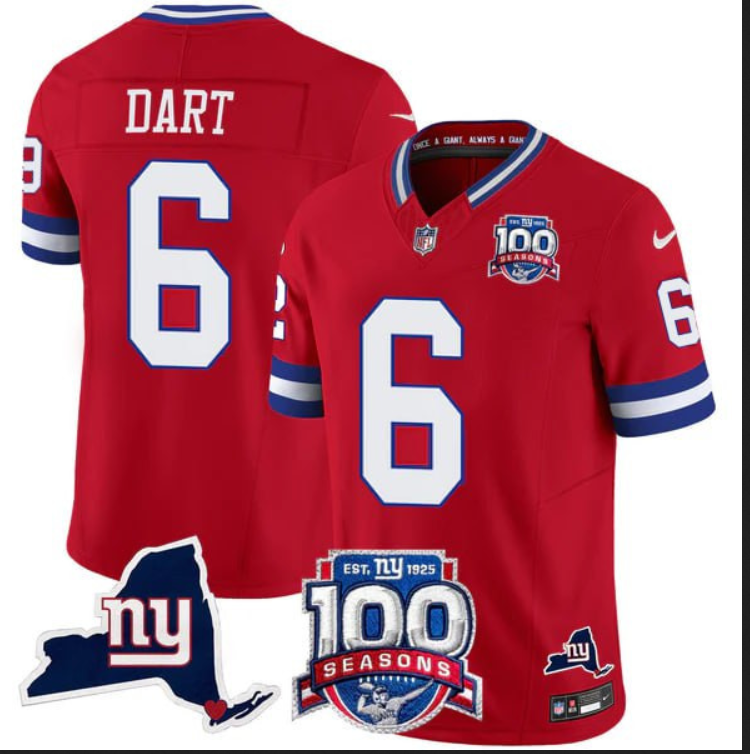 Men New York Giants #6 Jaxson Dart 100th Season State Patch Vapor red Limited Jersey